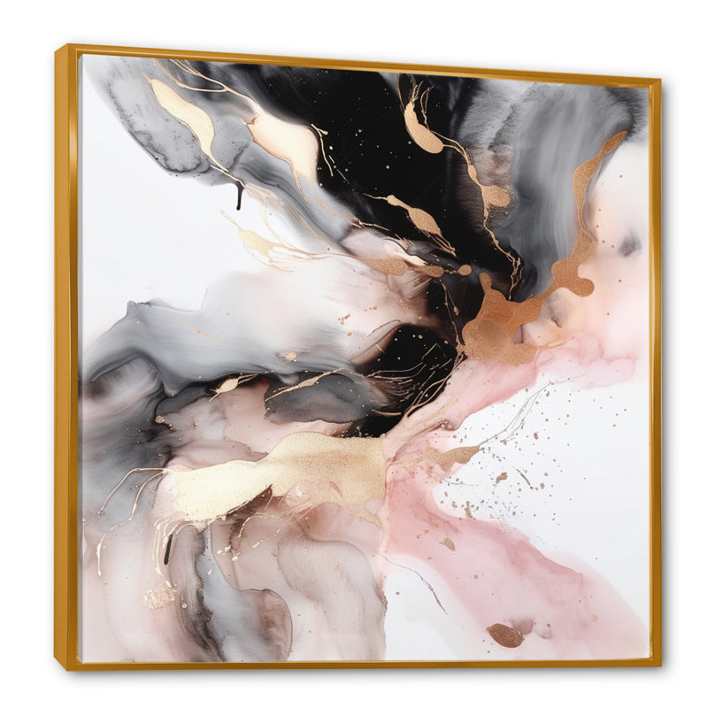 Marbre texturé rose noir I - art abstrait en marbre, H 36 po x l 36 po x P 1,5 po, Toile avec cadre flottant or