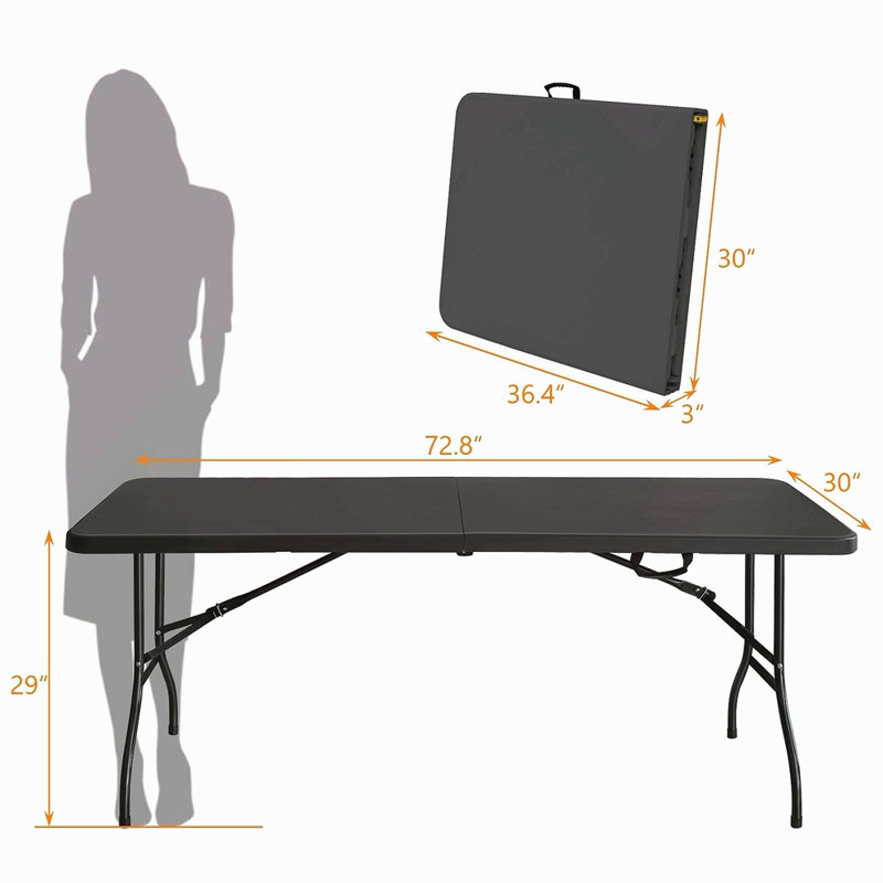 Table pliante 6 pi, table en plastique portative pour le camping, pique-niques, fêtes, table pliable à charge élevée, Noir