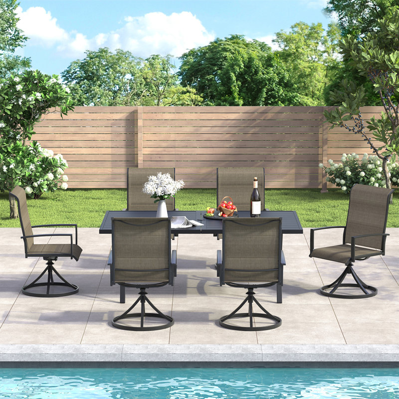 6 -Person Patio Dining Set with 63" Rectangular Dining Table and Padded PVC-coated polyester Swivel Chairs, Brown/Black