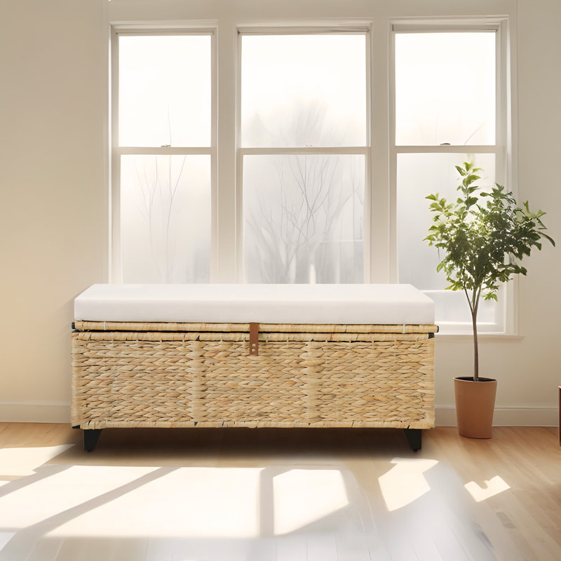 Leimomi 43.3" Flip Top Wicker Upholstered Bench with Storage, Brown
