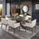 Carrazco Weathered Wood Finish Table With Cross Base Dining Set - 72" Table With Beige Linen, Track Arm Chairs, 7-Piece