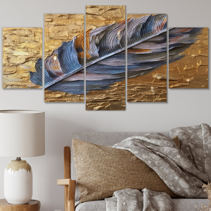 Boho Glam, exquise plume bleue sur or, peinture murale plumes - 5 panneaux