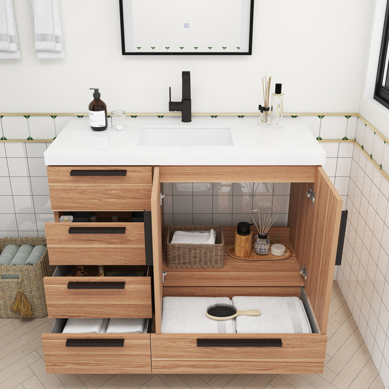 Meuble-lavabo autoportant avec tiroirs latéraux Carla, 42", Chêne blanc
