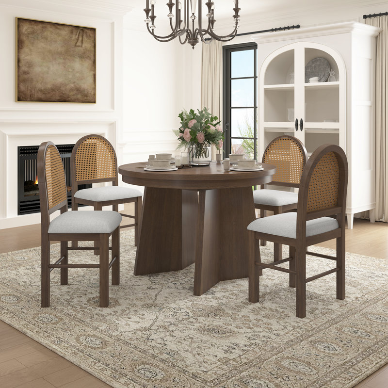 Ensemble de salle à manger 5 pièces, 1 table extensible avec une rallonge de 16 pouces, Noyer, Noyer / beige