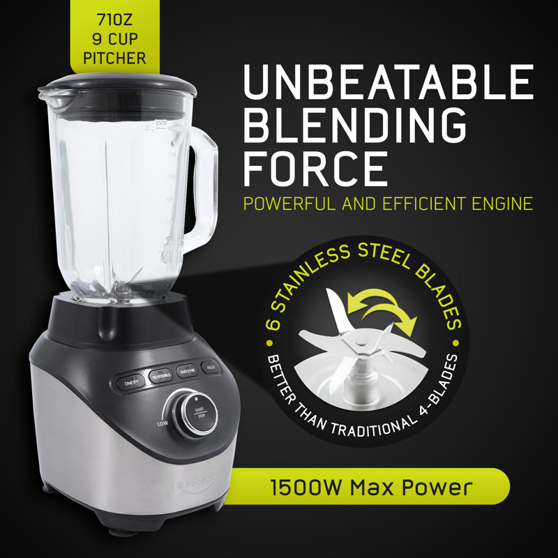Universal 1500 Peak Watt Turbo Elite Max Blender, 71oz - 9-cup / 2.1 Litre Glass Pitcher, 3 Speed Settings with Powerful 6 Stainless Steel Blades, Premium Blender for Smoothies, Domestic Use