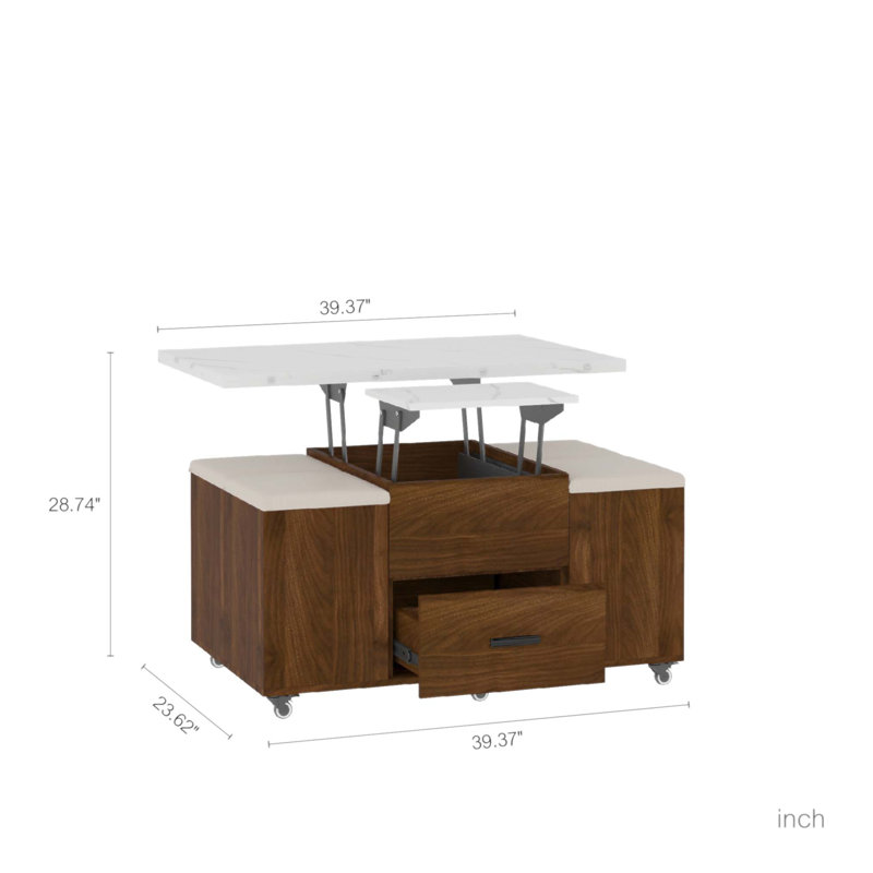 Table basse relevable moderne avec 4 tabourets pour le salon, table de salle à manger extensible avec rangement caché et 2 tiroirs