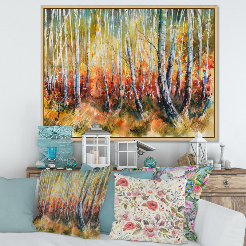 «White Birches in Dense Autumn Forest», reproduction sur toile, Cadre photo argenté, H 16 po x l 32 po x P 1 po