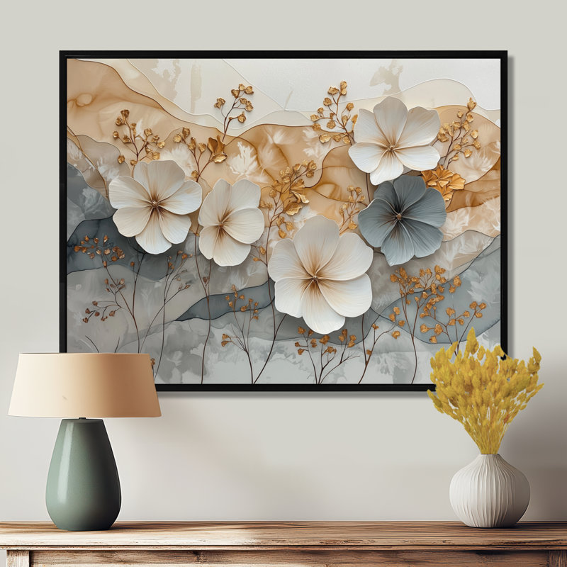 Berenice - Art mural floral, H 34 po x l 44 po, Noir, noir, noir, noir, Avec cadre