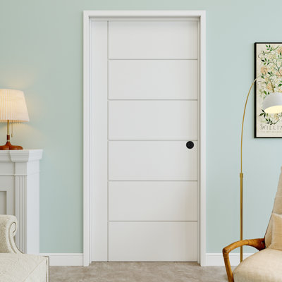 32" x 80" 6-Panel Molded Solid Horizontal Pattern Interior Prehung Door with Round Knob and Silver Hinges, Solid Core Door Slab, Paintable & Waterproof, Suit for Laundry, Closet Doors, Room Doors, Left Hand