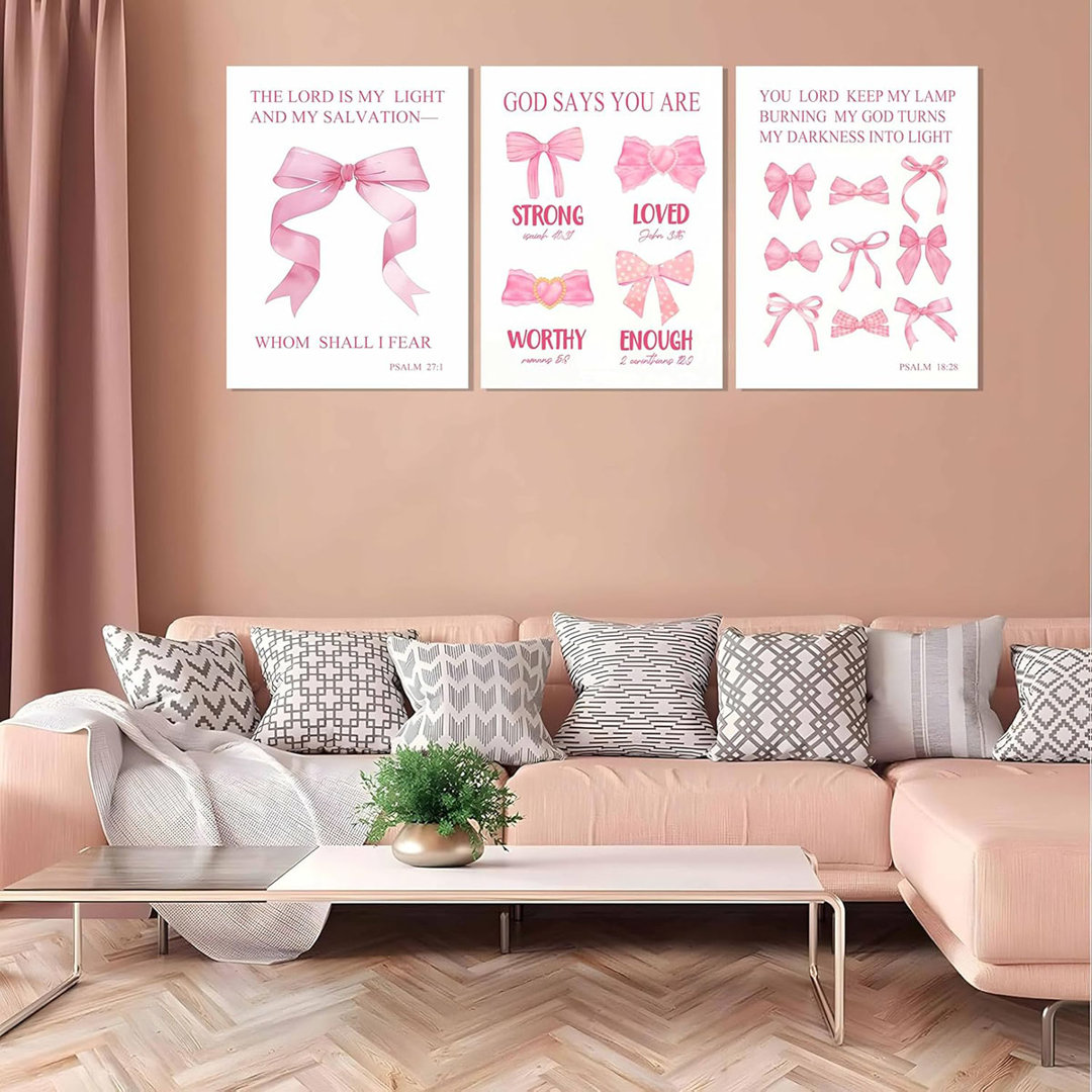 Christian Pink Bow Wall Art Set Of 3 Inspirational Bible Verses Quotes Decor Posters Pictures Prints For Girls Room College Apartment Bathroom Bedroom