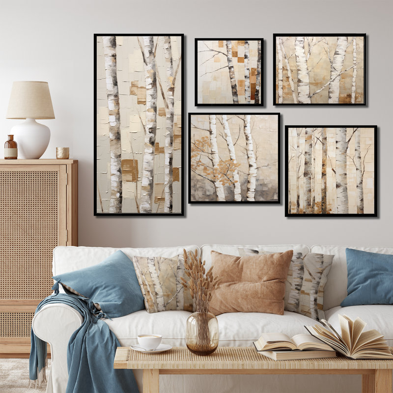 Ensemble de 5 décorations murales beige bouleau I - arbre bouleau, Cadre flottant noir