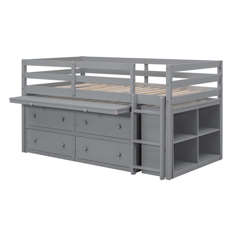Lit mezzanine polyvalent avec bureaux, tablettes et tiroirs rétractables et portables pour une utilisation optimale de l'espace et un confort optimal