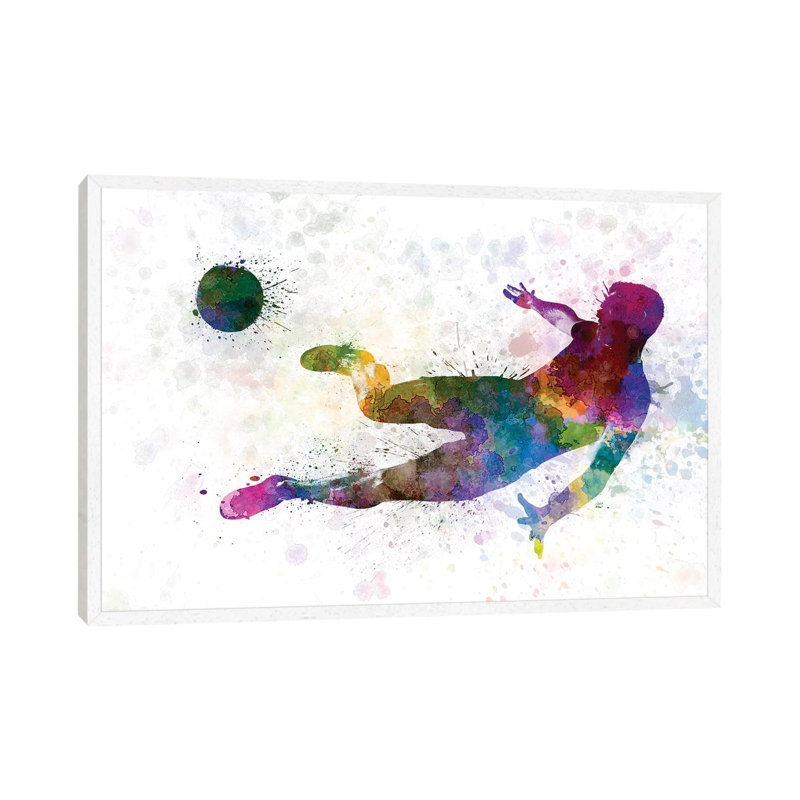 Man Soccer Football Player Flying Kicking II by Paul Rommer - Floater Frame Gallery-Wrapped Canvas Giclée on Canvas, White 