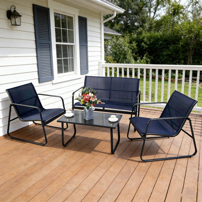 Kozyard Sofia 4-Piece Outdoor Patio Furniture Set, Textilene Conversation Set with Metal Frame, Loveseat, 2 Chairs & Table, All-Weather Seating for Porch, Balcony, Backyard (NavyBlue)