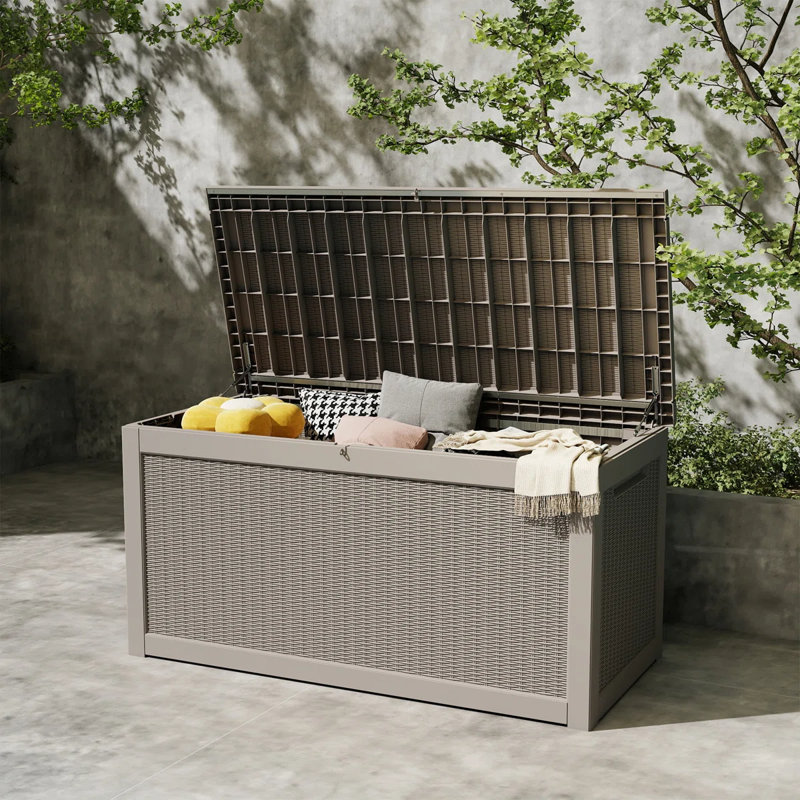 Boîte de rangement extérieure en résine pour oreillers d'extérieur, outils de jardin et fournitures de piscine, étanche, verrouillable 320 gallons