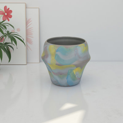 Vase décoratif en céramique, motif coups de pinceau bleu et jaune, 10 pouces