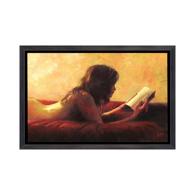 «Reading in Bed» par Christopher Clark, reproduction d'art, Toile avec cadre noir patiné, H 18 po x l 26 po x P 1,5 po