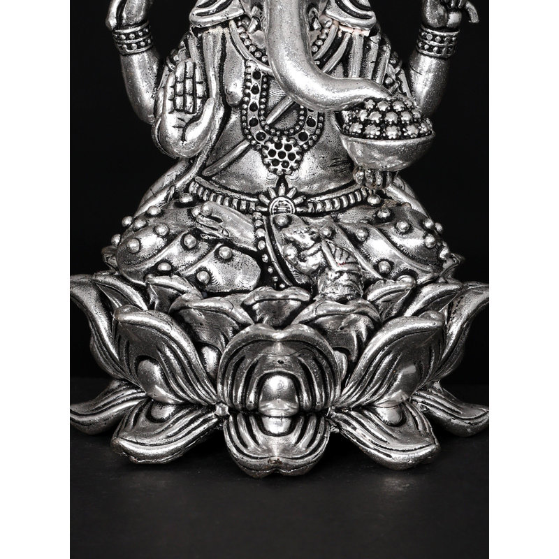 Statue de petit seigneur béni Ganesha sur lotus en laiton plaqué argent