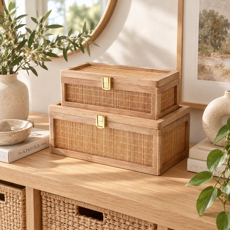 Boîtes de rangement décoratives en bambou naturel (2 pièces) avec couvercles, idéales pour les souvenirs et les photos.