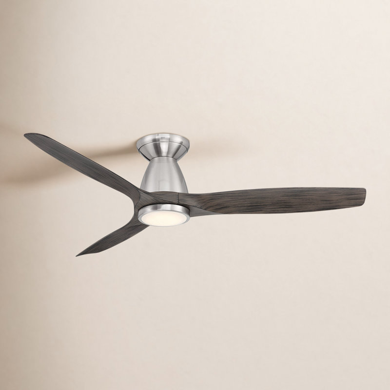 Skylark 54" 3 - Blade Outdoor LED Smart Flush Mount Ceiling Fan with Remote Control and Light Kit Included , Brushed Nickel