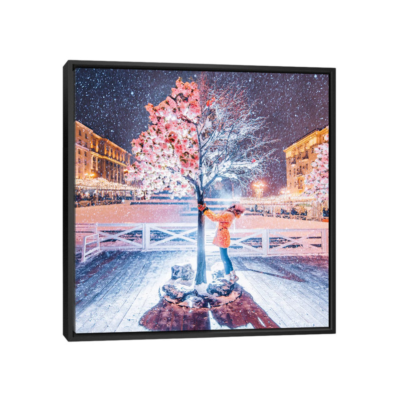 Printemps-hiver arbre par Hobopeeba-impression, Pas de tapis, H 18 po x l 18 po x 1,5 po, Toile avec cadre noir