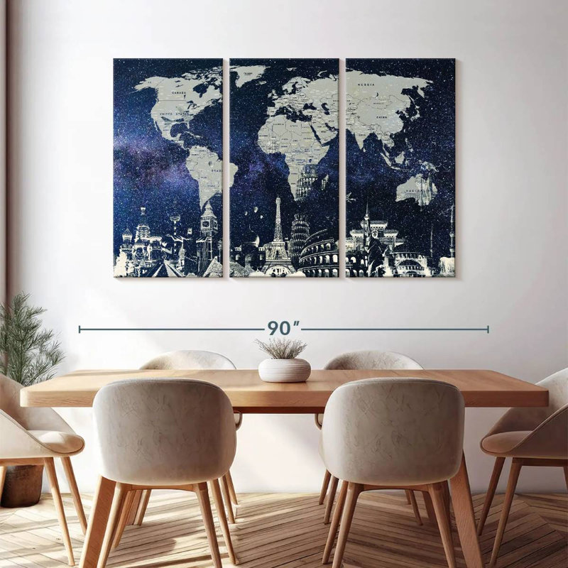 Carte du monde étoilé 3 pièces, H 74 po x l 48 po x P 1,25 po