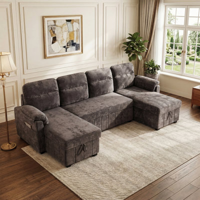 108.7" Upholstered U-Shaped Sectional Sofa Bed with Storage Pockets and USB Ports