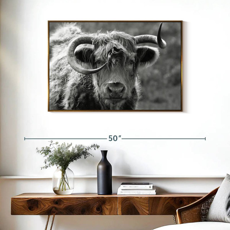 Monochrome Highland Cow, 37" X 25", Floating Frame Gold