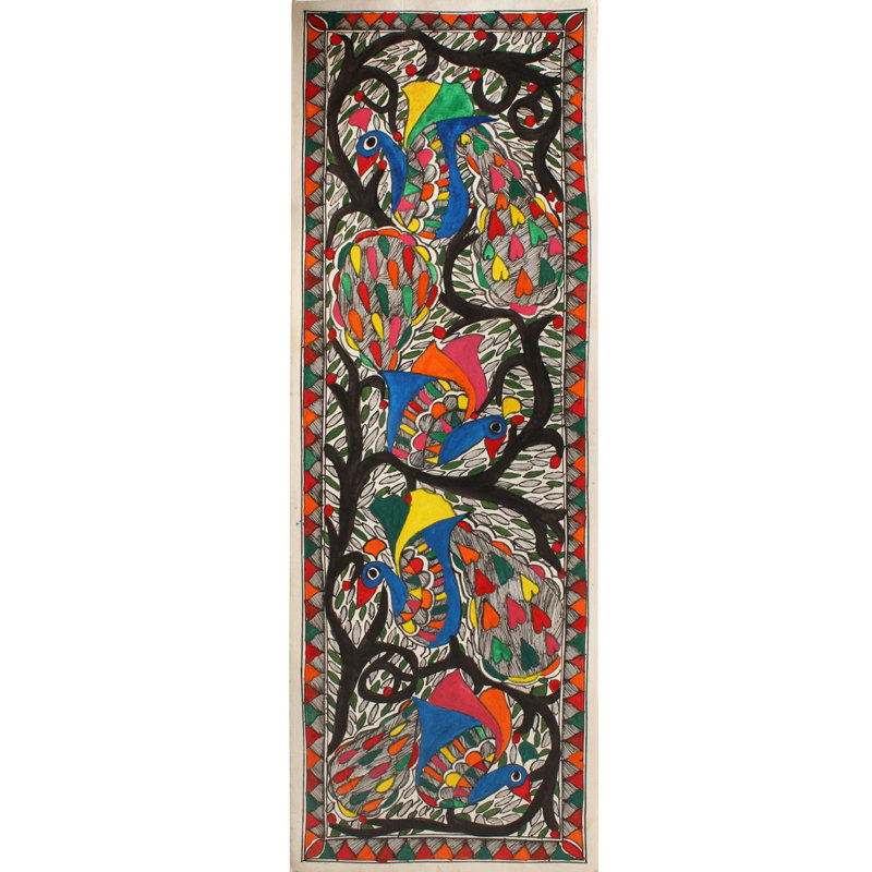 Paons colorés sur un arbre | Peinture Madhubani | Couleurs naturelles sur papier fait à la main
