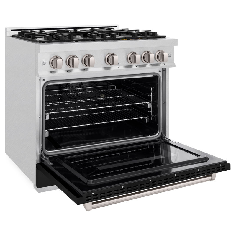 ZLINE 36 in. 5.2 cu. ft. Classic Dual Fuel Range with 6 Burner Gas Cooktop and Electric Convection Oven in Satin Stainless Steel with Door