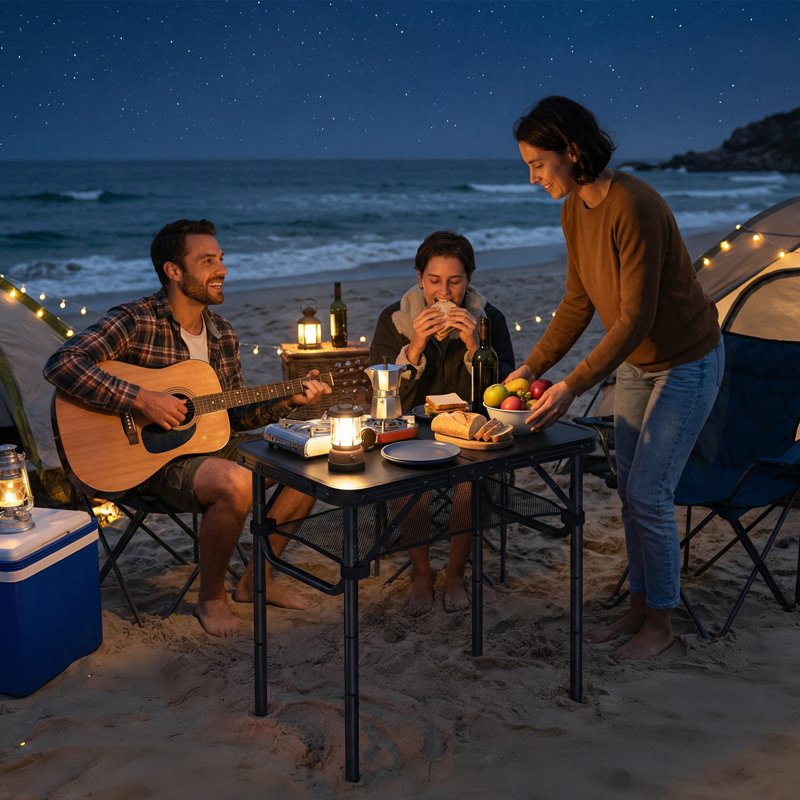 Outsunny 3ft Folding Camping Table with Mesh Storage Layer, 70cm H x 60cm L x 40cm D, Black