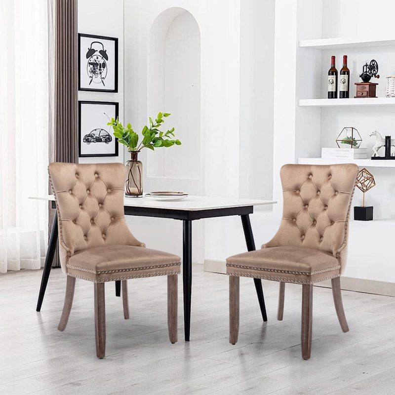 Chaise de salle à manger en velours avec anneau à dossier et pieds en bois massif, Marron clair, Kaki, 2