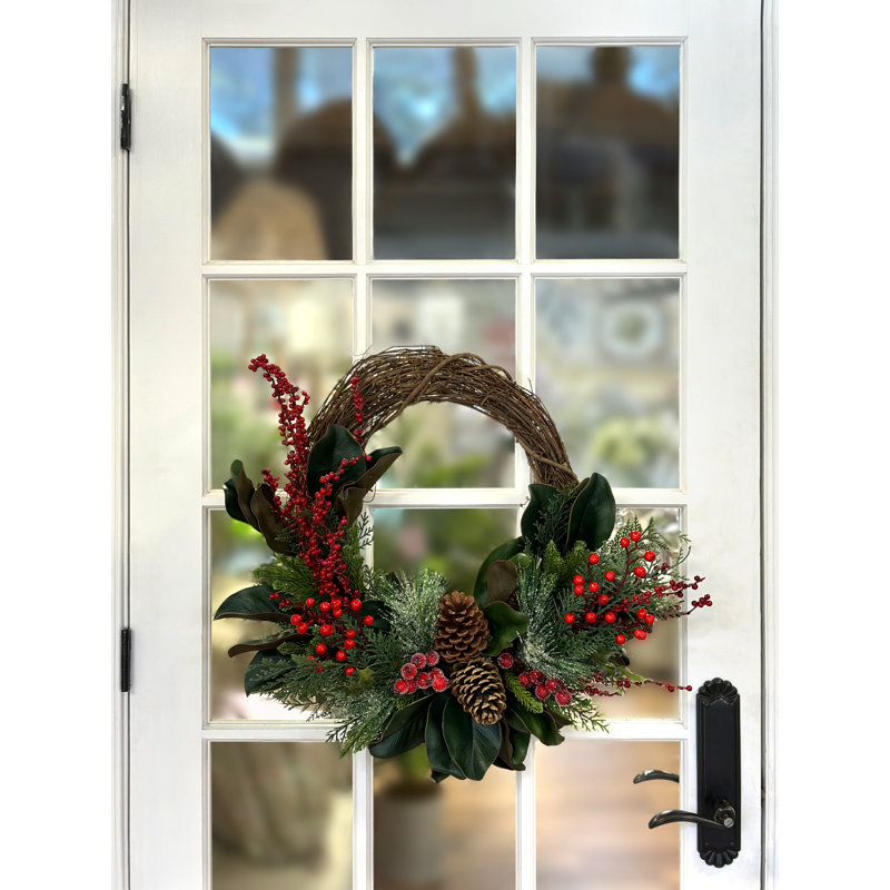 23'' Holiday Wreath with Mixed Greenery, Berries and Pinecones