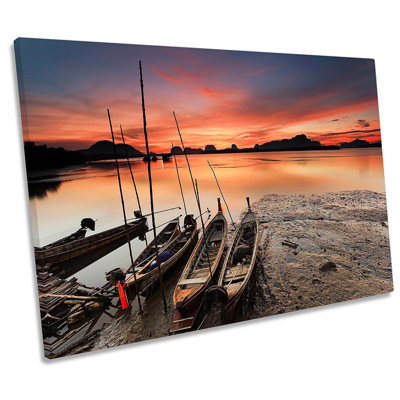 Fishing Boats Sunset Beach 1 Piece Wrapped Canvas Wall Art
