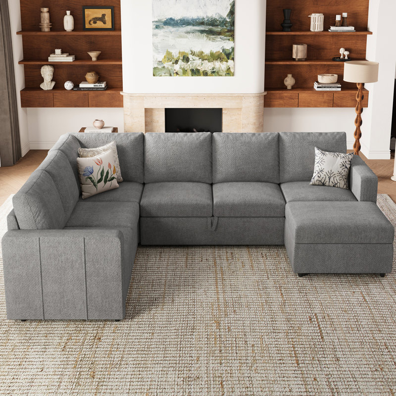 Canapé-lit modulaire coulissant avec repose-pieds Seybert, Chenille gris pâle
