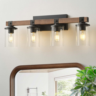 Aubagne 2/3/4/5-Light Farmhouse Wood Dimmable Vanity Lights for Bathroom with Clear Glass Cylinder Shade
