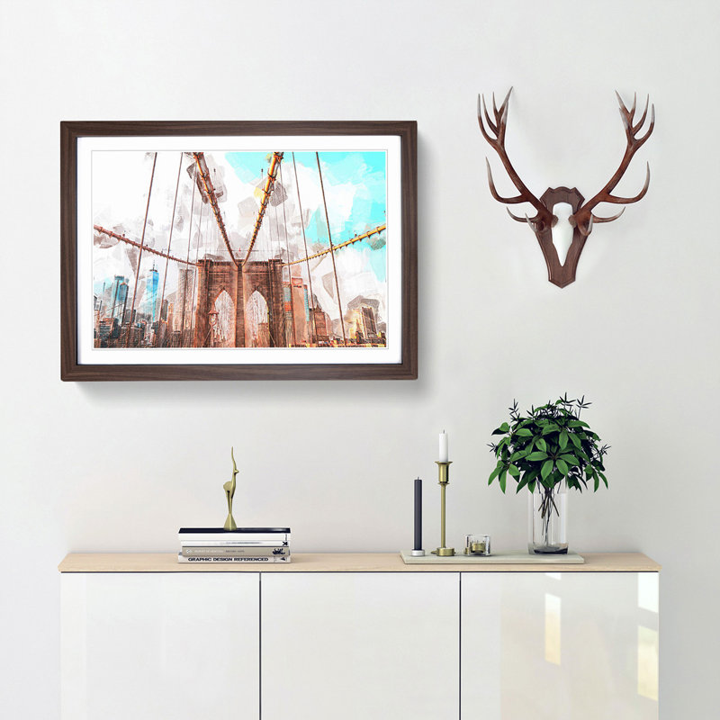 Brooklyn Bridge New York City in Abstract - Picture Frame Graphic Art Print, 27cm H x 36cm W x 2cm D, Walnut Framed