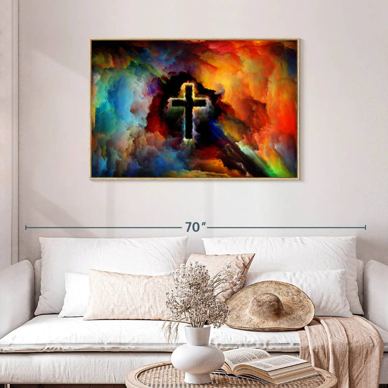 Croix colorée, Cadre flottant en bois naturel, 43 po x 29 po