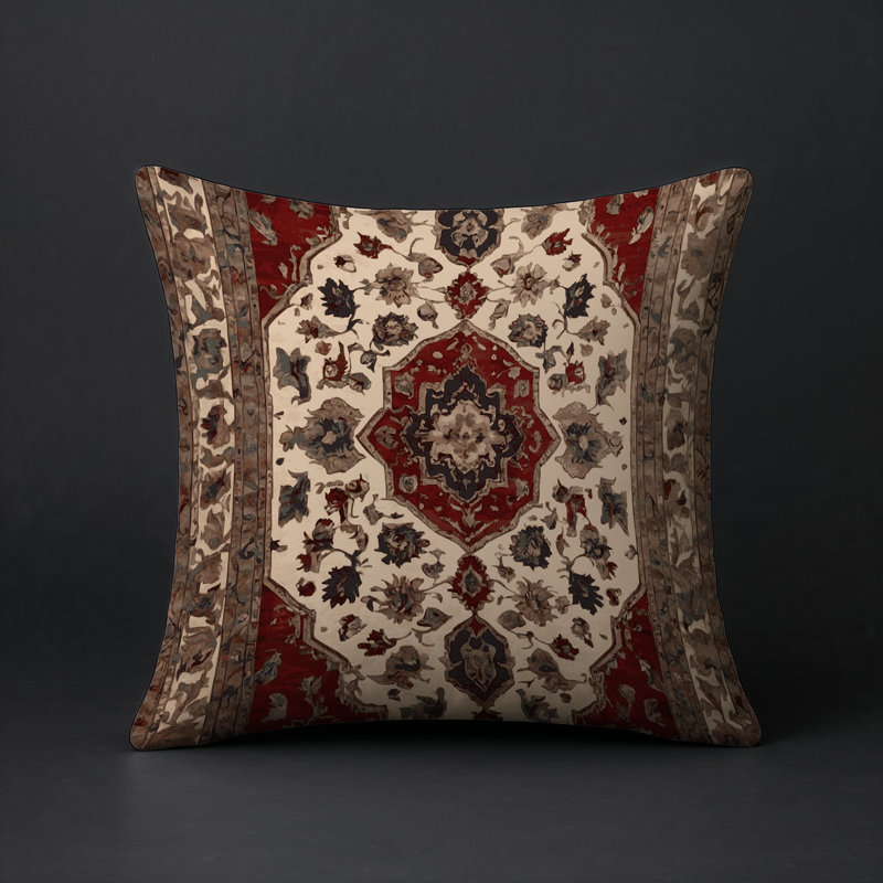 Coussin décoratif intérieur et extérieur Modern, Carré 16 po, Bourgogne / crème / damas brun