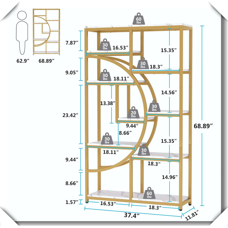 Spacious Etagere Freestanding Display Shelf Industrial Metal Wood Bookcase, Gold/White