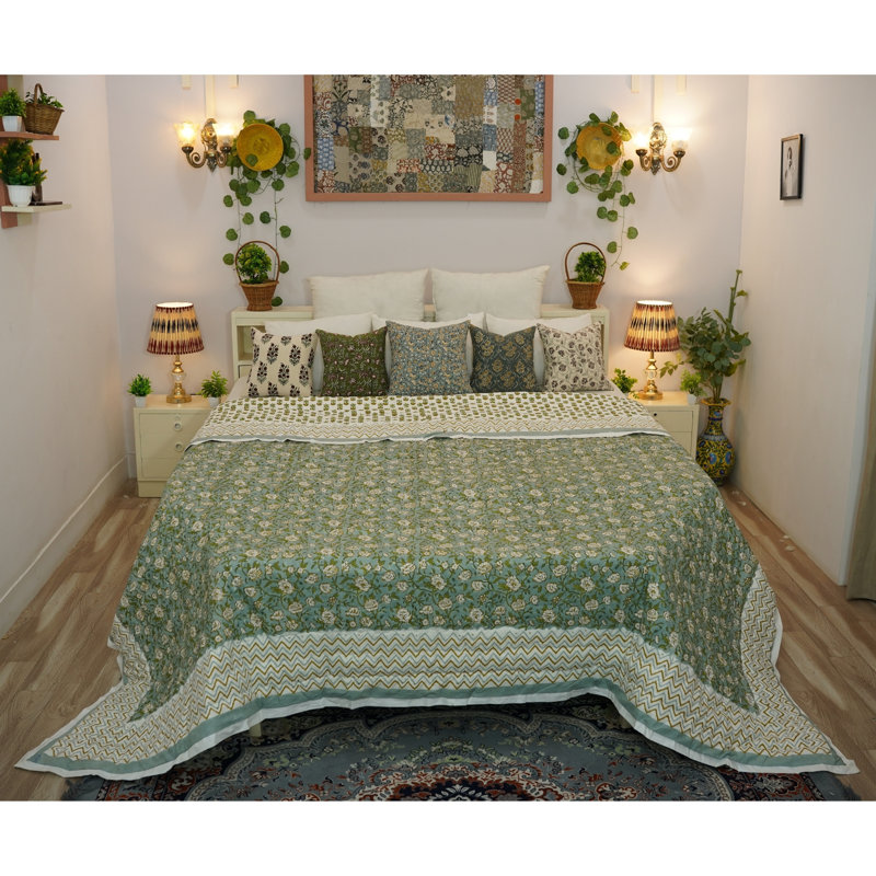Fabdivine Luxury Block Print Cotton Quilt Floral Boho Bedding for Bedroom & Sofa, Blue/Green, Cal King