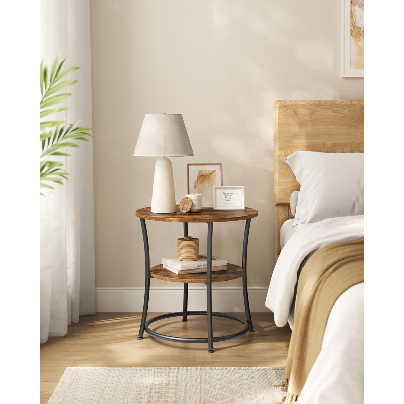 Rustic Brown Round Wood and Metal Side Table with Shelves