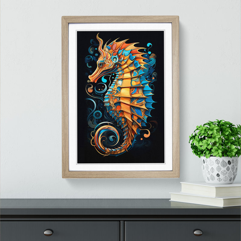 Seahorse Geometric - Framed Print, Oak , 46cm H x 34cm W x 2cm D