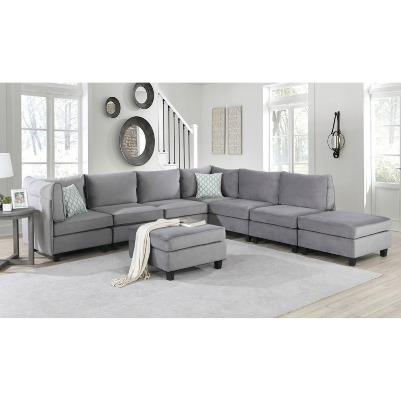 8Pc Modular Sectional , 120" Gray Velvet, 2 Corner Chairs, 4 Armless Ottomans, Pocket Coil Spring Base Construction, Modern Interior Base, Room