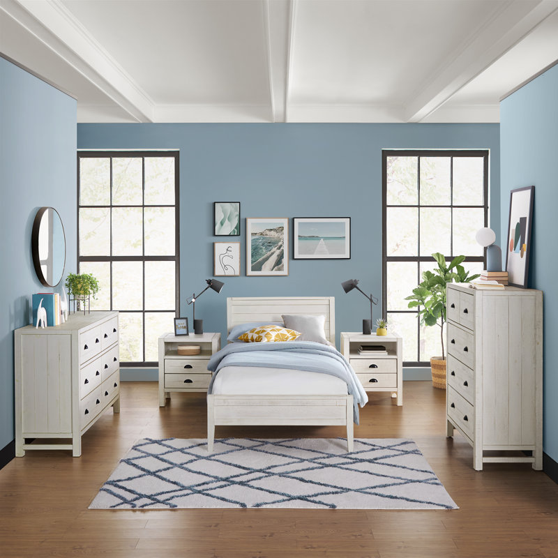 Ensemble de chambre à coucher 5 pièces Windsor avec lit simple à lattes, commode 5 tiroirs et commode 6 tiroirs Windsor