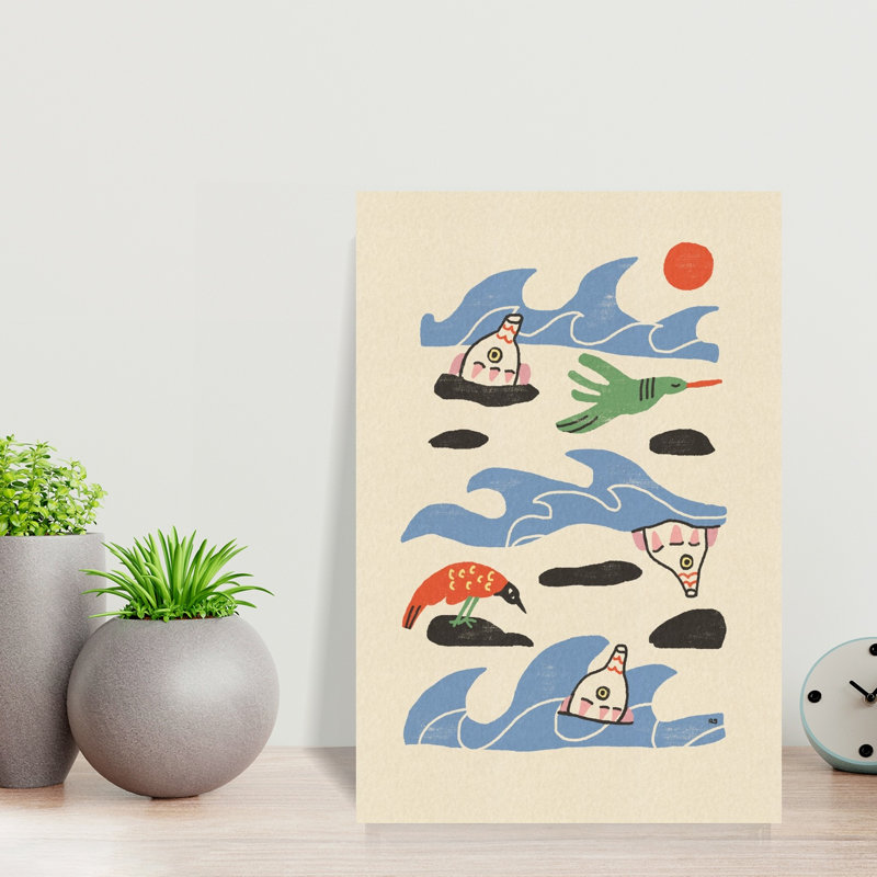 Whimsical Ocean Creatures Abstract Whimsical Contemporary Bird Whale Coastal Nature Wall Art Print 1 Piece Wrapped Canvas Wall Art