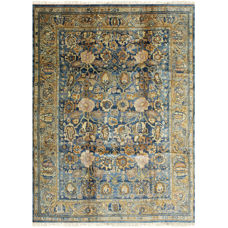 Blue Hand-Knotted Wool Faded Floral Bloom Geometric Modern Contemporary Carpet Rug, 12' x 18'