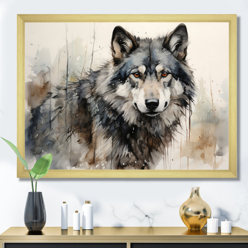 Loup solitaire - Décoration murale loup, H 34 po x l 44 po, Impression encadrée, Doré