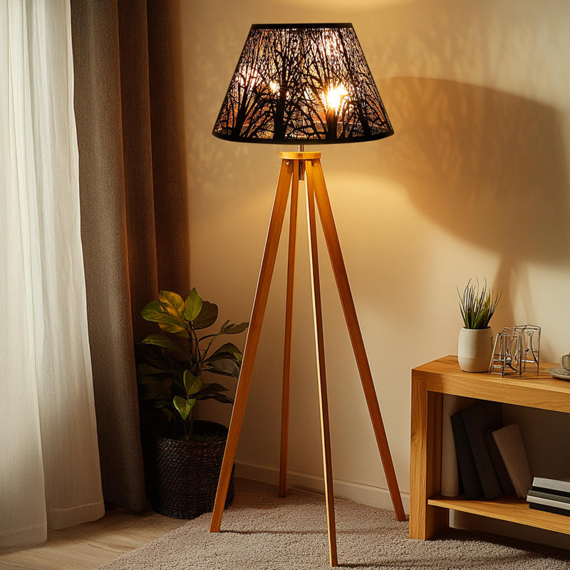 Medium Black Metal Lampshade with Tree Pattern and Golden Interior