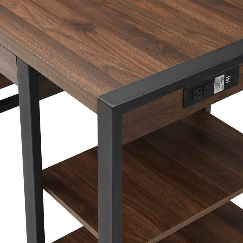 Yingst 60" Open Storage Tech Desk with USB Ports, Dark Walnut